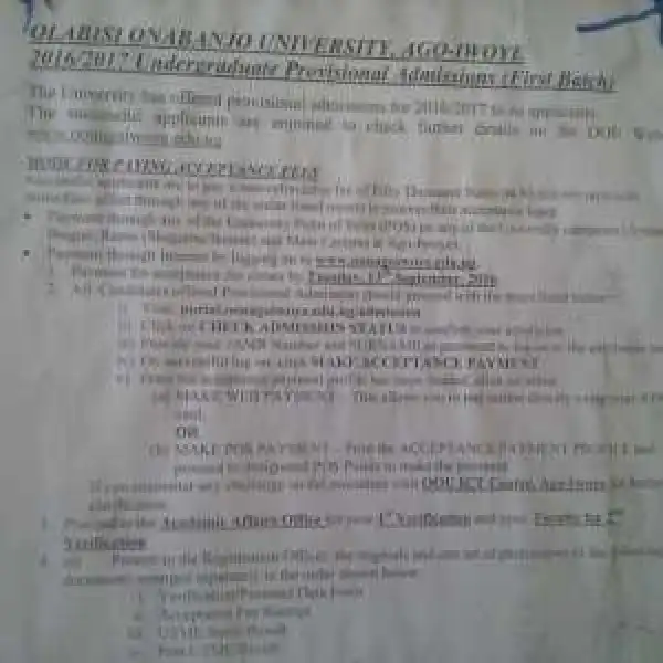 OOU 1st Batch Admission List 2016/2017 Released